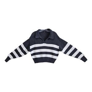 QUINCE Women M Polo Sweater 100% Organic Cotton V-Neck Black White Striped 44"